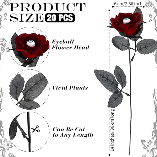 Halloween Artificial Roses Bouquet with Eyeball - 20 Pcs Creepy Floral Decorations, Red