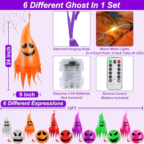 Outdoor Halloween Hanging Ghost Decorations with LED Lights - 6 Pack