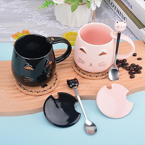 Black Ceramic Cat Mug with Stainless Steel Spoon - Cute Handmade Tea Cup for Girls Women