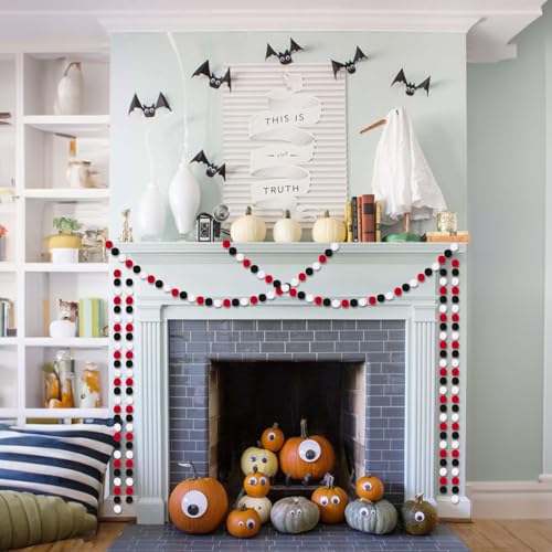 Colorful Felt Ball Garland 2 Pcs - Black White Red Halloween Decor, 8.2ft