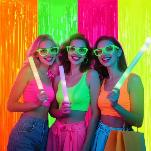 Glow in The Dark Neon Party Supplies - 4-Pack Fluorescent Curtain Set - Orange, Green, Yellow, Pink