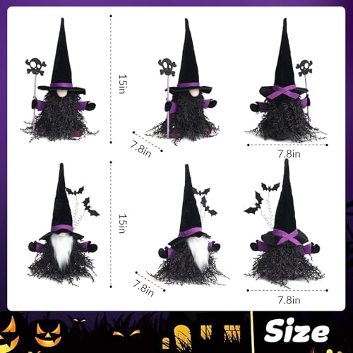 15 Inch Halloween Gnome Decor Set - Black & Purple Witch & Skull Gnomes, Indoor & Outdoor Halloween Tabletop Decorations