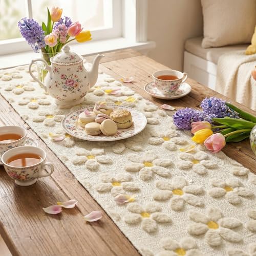 Beige Soft Plush Faux Fur Jacquard Daisy Table Runner - 13 x 72 Inches
