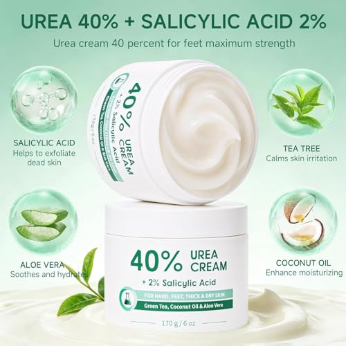 Urea Cream 40% for Feet - Maximum Strength Callus & Dry Heel Relief - 6 OZ Pack of 2