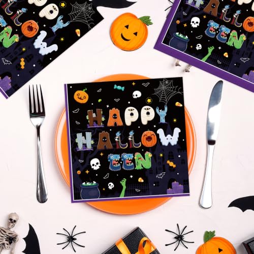 Black Halloween Napkins 50 Pack - Cute Monster & Pumpkin Party Table Decor Variation