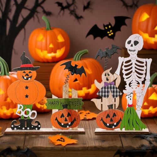 Halloween Wooden Centerpiece Signs Set - Pumpkin & Skull Table Decorations