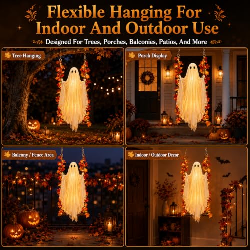 Halloween Decorations Light Up Swinging Ghost on Swing - 6.6 Ft Outdoor Porch Accent with Maple Leaves - Variation 30