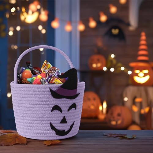 Purple Halloween Woven Cotton Rope Candy Basket for Kids & Adults