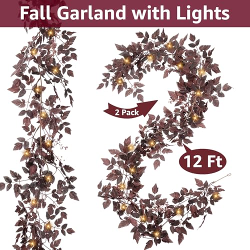 12Ft Plum Fall Garland Set - 2 Pack, Realistic Seeded Leaf Decor for Fireplace Mantle & Outdoor Halloween