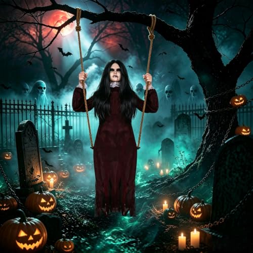 Halloween Hanging Swinging Ghost Decoration - Creepy Girl Prop, Outdoor & Indoor, Red Variation