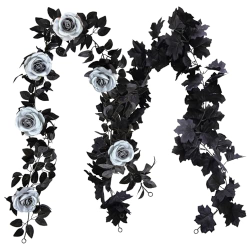 Black Rose & Maple Leaf Garland Set - Blue Gray Vines, 2 Pcs