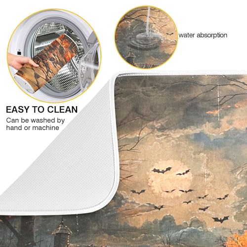 Halloween Town Dish Drying Mat - 18x18 Black Pumpkin Lantern Bat Reusable Microfiber