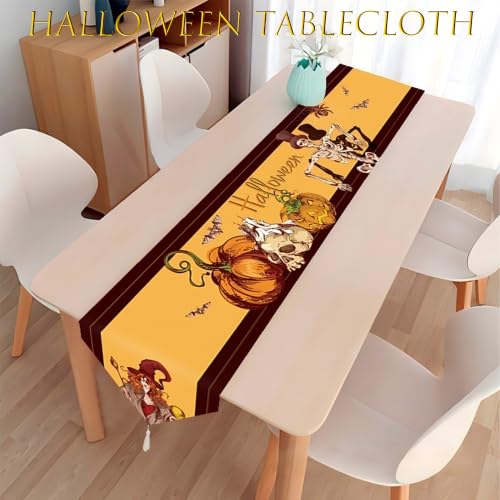Halloween Table Runner Pumpkin Skeleton Witch Decor 71x12 Yellow