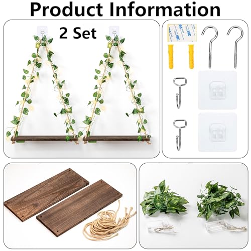 Floating Plant Shelves with Lights - Green Leaf Style, 2-Piece Set