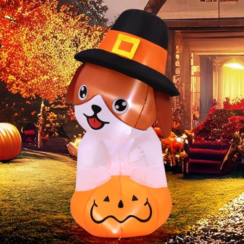 Inflatable Thanksgiving Dog Decor with Pumpkin & Pilgrim Hat, LED Lights - 5.2 FT Outdoor Yard Decoration