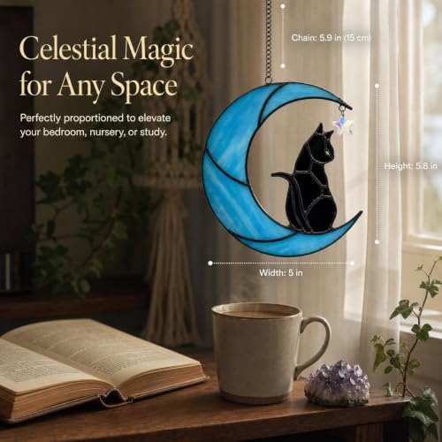 Stained Glass Black Cat Suncatcher - Blue Moon Rainbow Maker with Green Eyes Variation