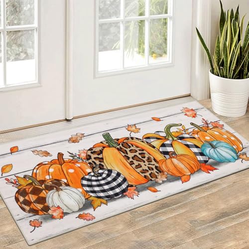 Fall Kitchen Rug Set of 3 - Washable Pumpkin and Plaid Runner Mats with Non-Slip Backing - Leopard Pumpkins Variation