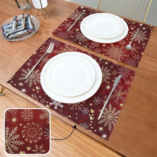Christmas Placemats Set of 6 - Gold White Snowflakes Holiday Table Mats - Double Sided Burlap, 18x12 Inches - Variation of THIS listing