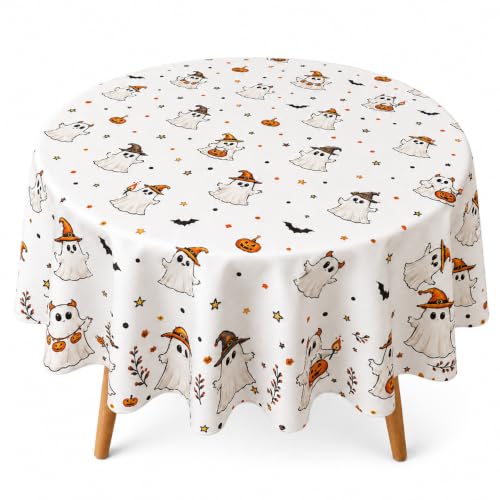 Autumn Halloween Tablecloth 70 Inch Square Ghost Design - White Ghost
