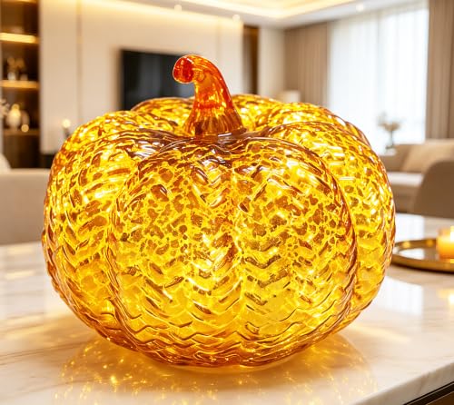Mercury Glass Pumpkin Lights with Timer - Fall Decorations for Home - Orange