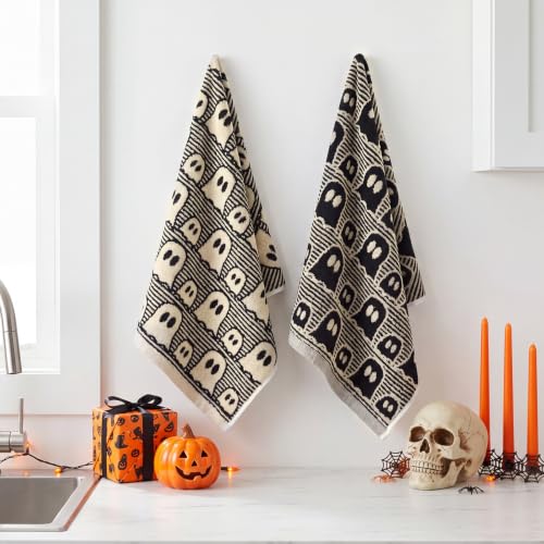 Breling Halloween Cute Ghost Hand Towels Set - Black White Vintage Design, 2-Pack