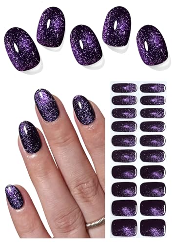 Purple Cat Eye Semi Cured Gel Nail Strips - 20pcs UV Nail Wraps for DIY Home Manicure