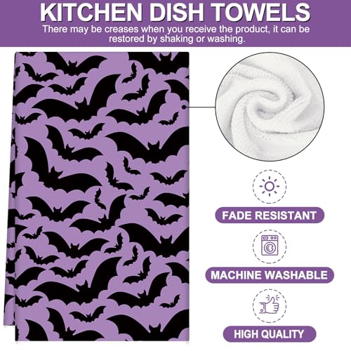 Halloween Kitchen Towels Set - Purple Black Bat Dish Drying & Cleaning Towels