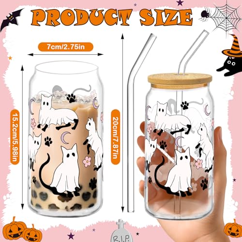 Halloween Glass Cups with Lids & Straws - Black Cat Design, 6 Pack, 16oz, Halloween Cats Variation