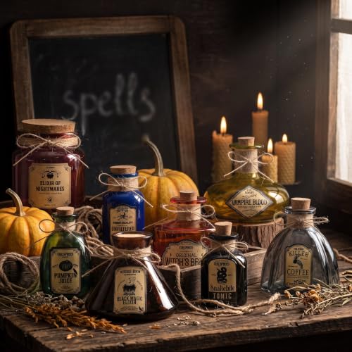 Retro Halloween Potion Bottles Set of 8 Glass Decor with Cork & Labels