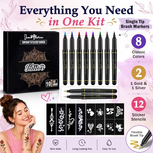 Kids & Teens Temporary Tattoo Pen Set with 10 Colors, Metallic Gold & Silver, Face & Body Art Kit