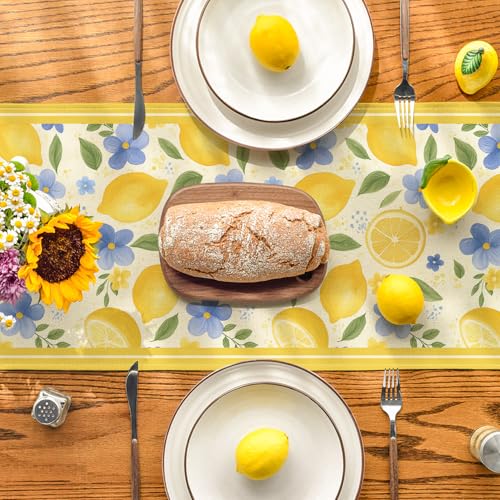 Yellow 13x120 Inch Summer Table Runner - Lemon Flowers Polyester Home Decor