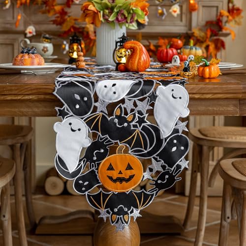 Halloween Spooky Table Runner 14x59 Inch with Embroidered Pumpkins & Bats - Gothic Decor