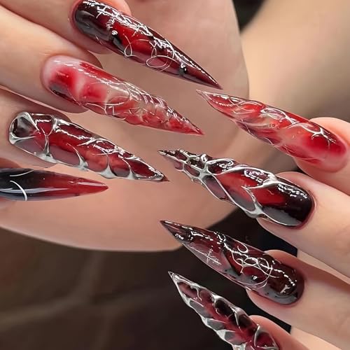 Press On Nails Long Stiletto Goth Red Black Design - 24 pcs with Glue - Variation 02305-10Red&Black