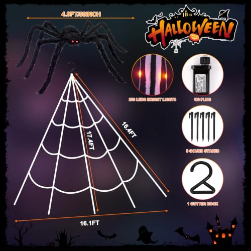 Orange Halloween Spider Web with 250 LED Lights & 59-Inch Giant Spider