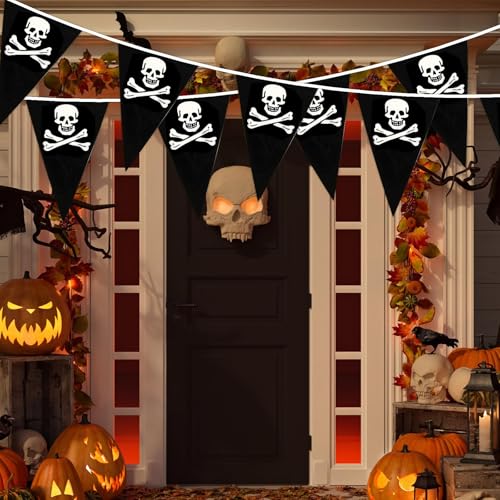 Halloween Pirate Banner Bunting with Black & White Skull Flags - 164 ft, 80 Pcs