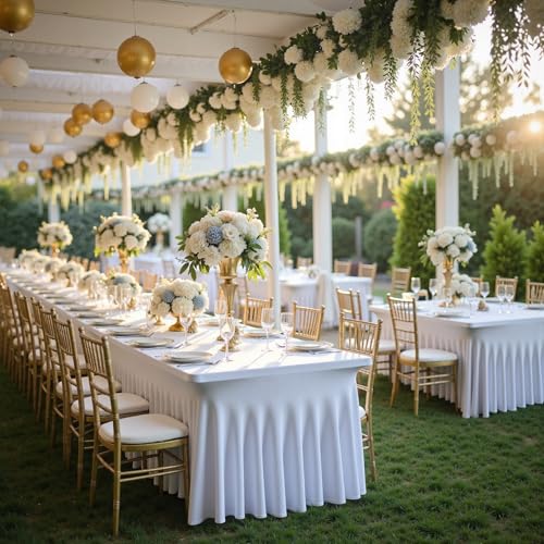 White Spandex Tablecloth 4ft with Ruffle, 2 Pack - Fitted Stretch Table Covers for 6ft Rectangular Tables, Wrinkle-Free Party & Wedding Decor