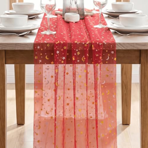 Red Gauze Stars Moon Table Runner 28x120 Inch Glitter Metallic Sheer Decor