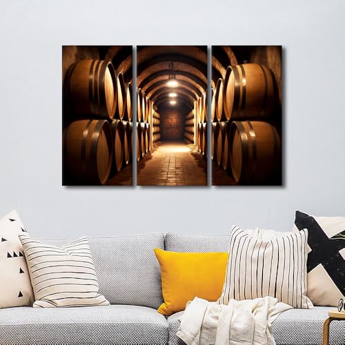 3 Panels Framed Canvas Wall Art Beer Barrel Stacked in Vault - 42x28 in Variation of THIS listing