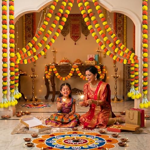 Artificial Marigold Garland 5 Pack - Yellow, Orange, Green Indian Decor