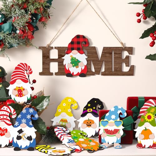 Interchangeable Gnome Door Sign with Walnut Finish - Seasonal Home Decor