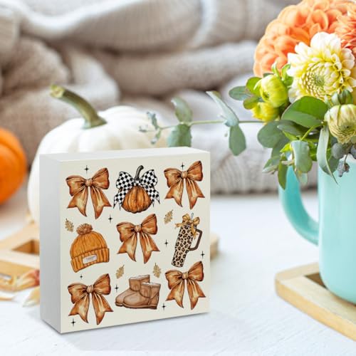 Fall Pumpkin Bow Decor - Wooden Box Halloween Autumn Home Accent - Variation of Bow 3
