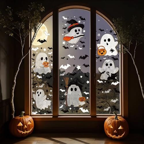 Halloween Ghost Window Clings Set - Reusable Double-Sided Decals for Glass Windows, 161 pcs, Seasonal Decorations, Variation: Ghost