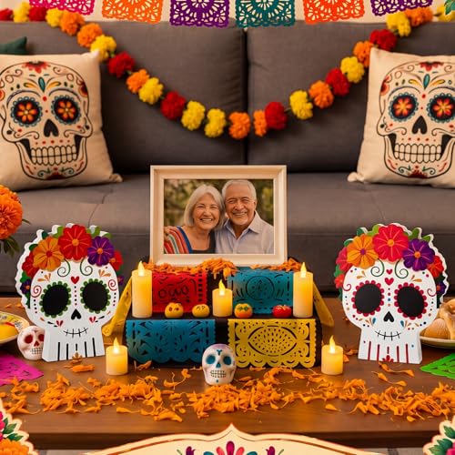 Day of The Dead Sugar Skull Table Decorations with Flower - 2 Pcs Mexican Festive Decor