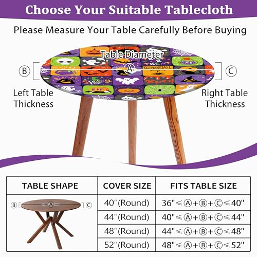 Halloween Round Fitted Tablecloth with Elastic Pumpkin Ghost Bat Web Waterproof 52 Inch Purple