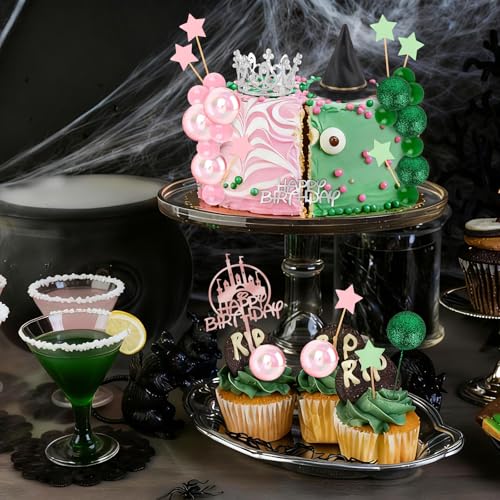 Witch Theme Cake Decorations Set with Crown Hat Balloons - Pink & Green - 33 Pack - Witch Variation