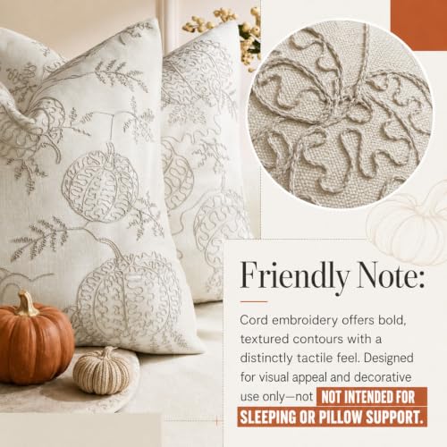 Zealax 20x20 Inch Fall Pumpkin Embroidered Pillow Covers - Beige, Pack of 2