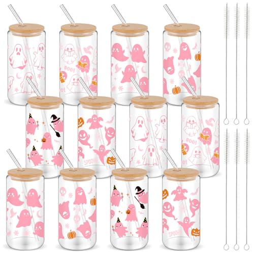 Halloween Glass Cups with Bamboo Lids & Straws - 12 Pink Ghost Skull Bat Designs 16oz