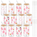 Halloween Glass Cups with Bamboo Lids & Straws - 12 Pink Ghost Skull Bat Designs 16oz