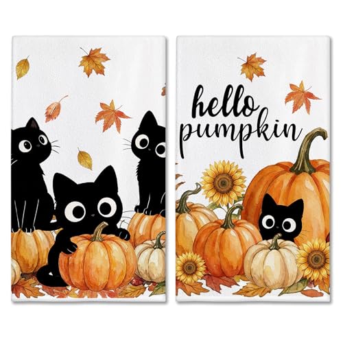 Hexagram Fall Kitchen Towels Set - Black Cat & Pumpkin Design, 18 x 28 Inches