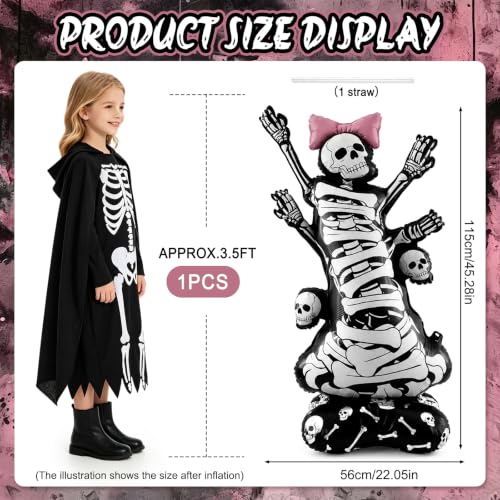 3.5FT Self-Standing Skeleton Balloon with Pink Bow Halloween Indoor Outdoor Decor - 1 PCS
